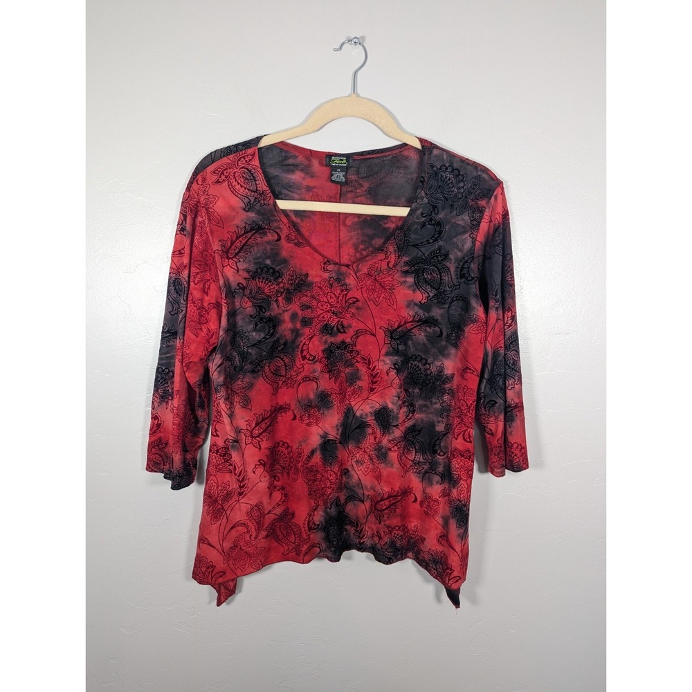 Shannon Ford Top Women 2X Plus Red Black Floral V-Neck Bloomcore Whimsygoth